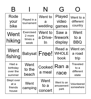 What did you do over the Summer!!!! Bingo Card