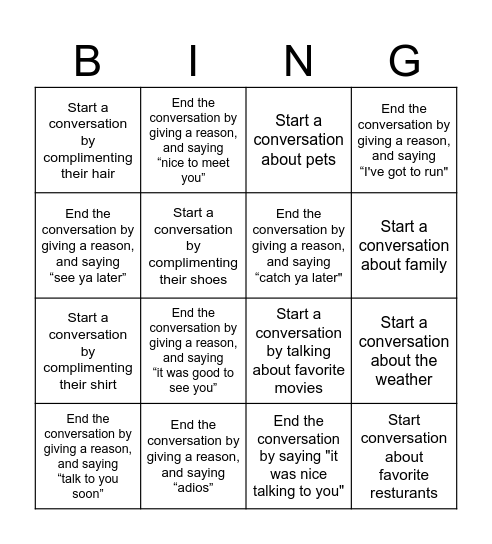 Small Talk Bingo Card