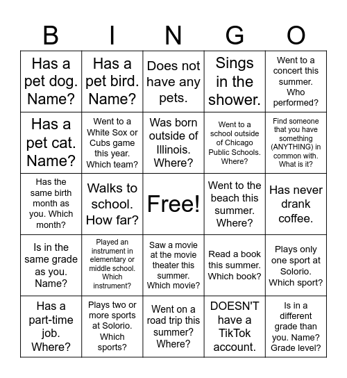 Solorio Choir Bingo Card