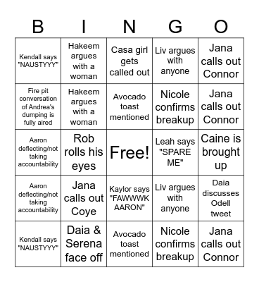 Love Island USA Reunion Bingo Card