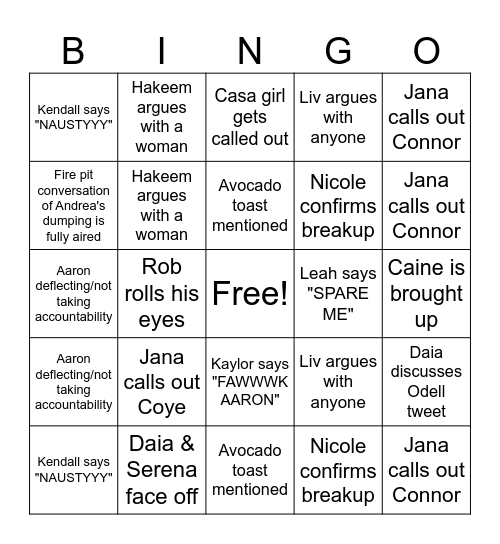 Love Island USA Reunion Bingo Card