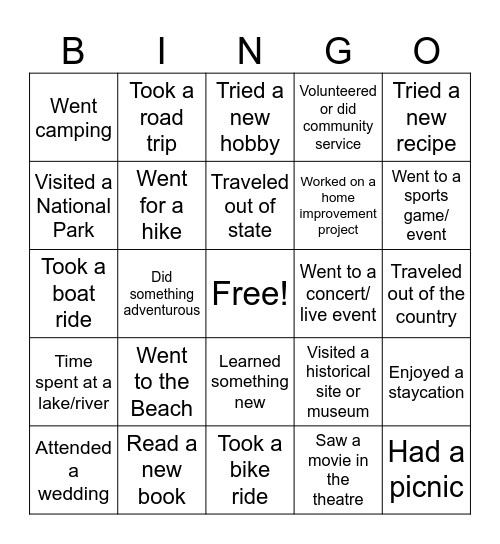 Summer Vacation Bingo! Bingo Card