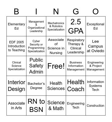 Degree and Career Bingo Card