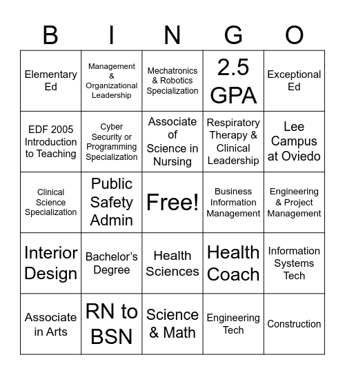 Degree and Career Bingo Card