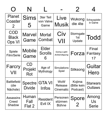 ONL 24 Bingo Card