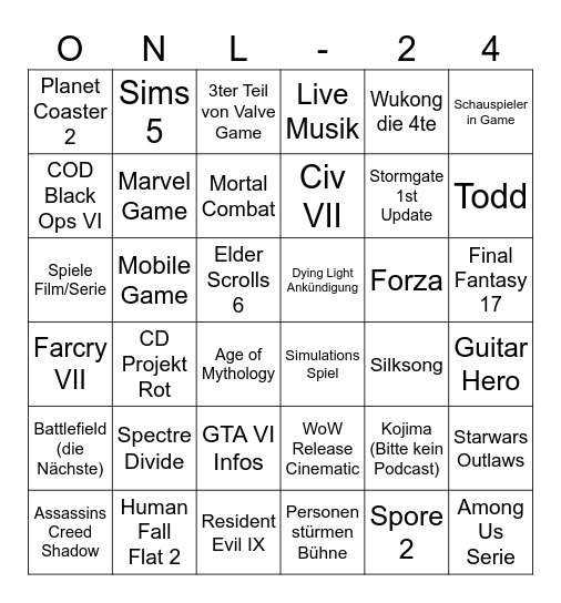 ONL 24 Bingo Card