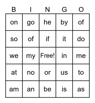 Sight Words BINGO Card