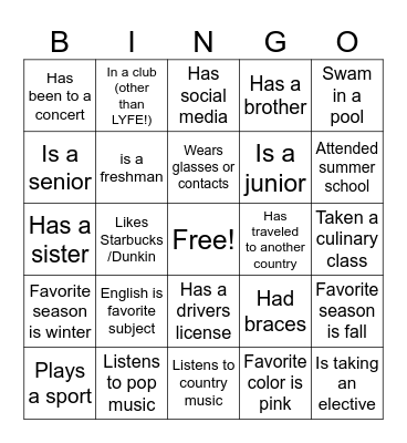Get to Know Each Other Bingo Card