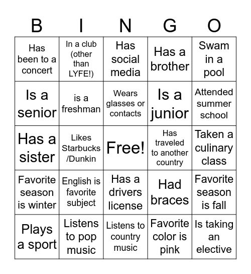 Get to Know Each Other Bingo Card