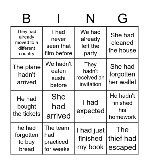 Past Perfect Practice Bingo Card