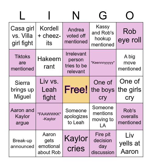 Love Island USA Reunion Bingo Card