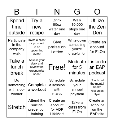 IBP Wellness Challenge Bingo Card