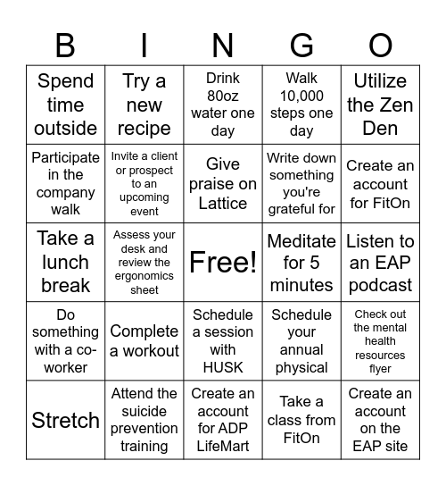 IBP Wellness Challenge Bingo Card