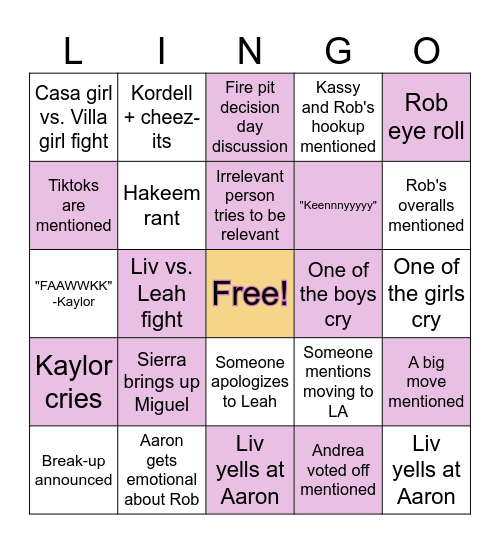 Love Island USA Reunion Bingo Card