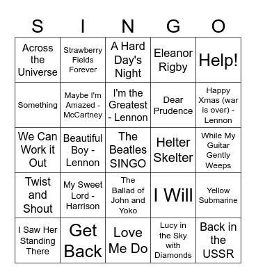 Beatles Singo Bingo Card