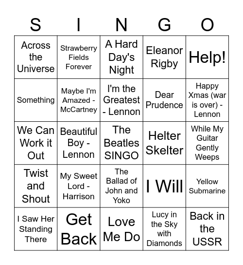 Beatles Singo Bingo Card