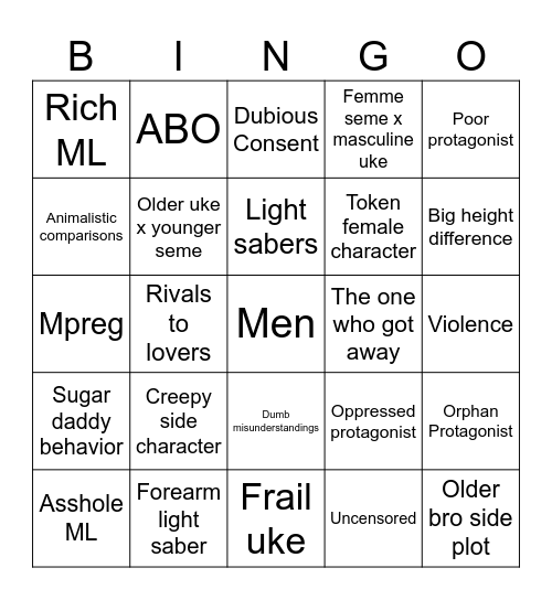 Yaoi Bingo Card