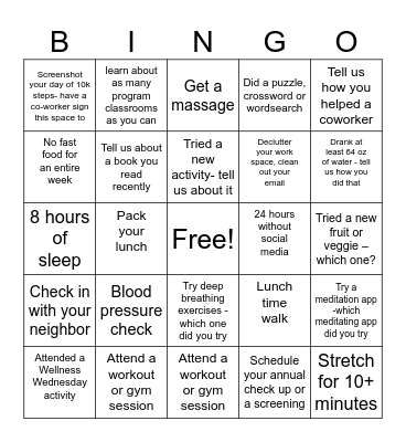 Manatee Technical College Wellness Wednesday Bingo Card