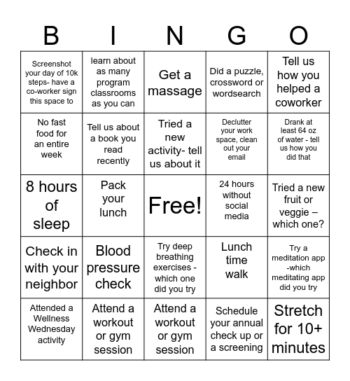 Manatee Technical College Wellness Wednesday Bingo Card