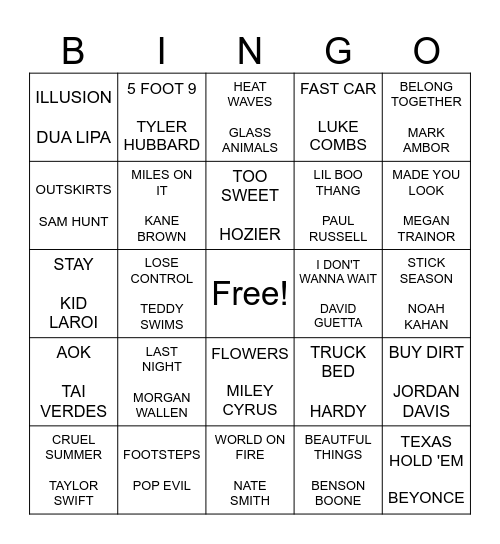 MODERN 2020's MUSIC Bingo Card