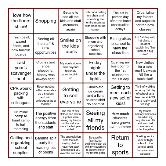 MEMORIES Bingo Card