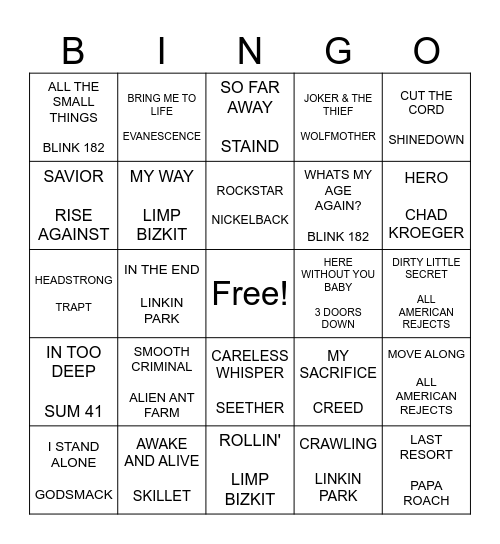 ROCK MUSIC Bingo Card