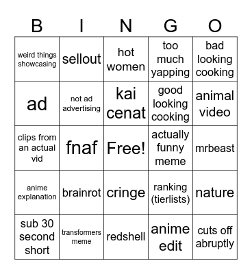 YT SHORTS BINGO Card