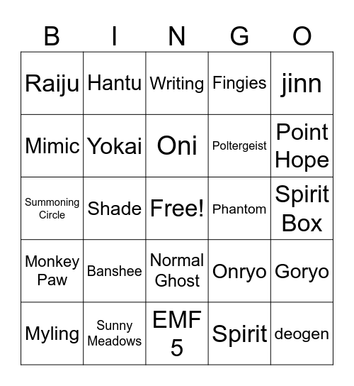 Phasmo Bingo Card