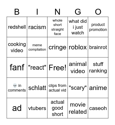 YT SHORTS BINGO TAKE 2 Bingo Card
