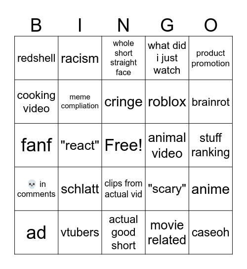 YT SHORTS BINGO TAKE 2 Bingo Card