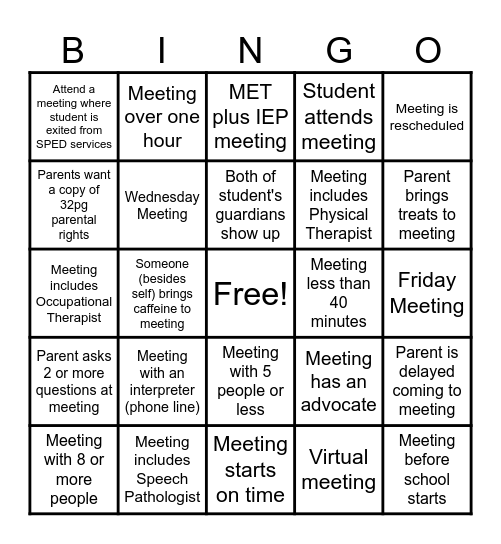 MET/IEP Meeting Bingo Card