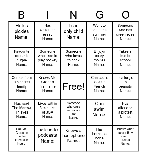 ENG3C Get To Know Your Classmates Bingo Card