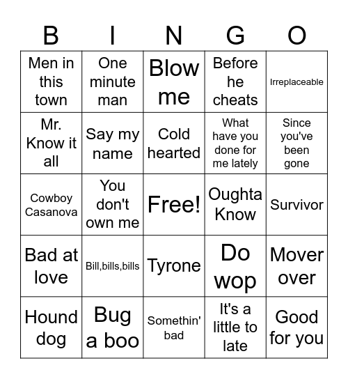 Man haten songs Bingo Card