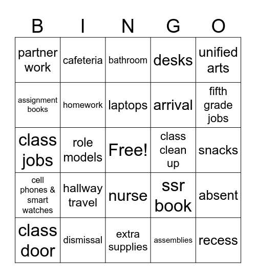 Back to School Bingo Card