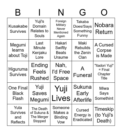 JJK Finale Predictions Bingo Card