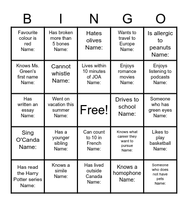 Grade 9 English Getting to Know Your Classmates Bingo Card
