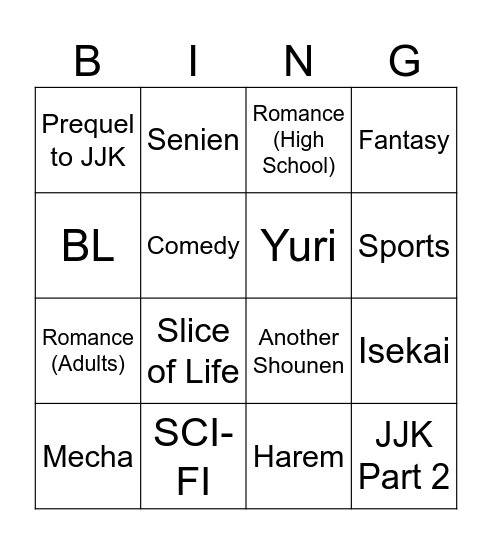 Next Gege Manga Bingo Card