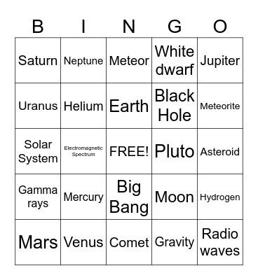 Planets Bingo Card
