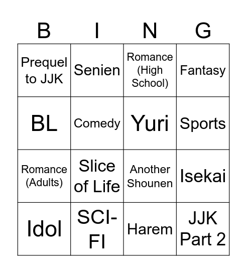 Next Gege Manga Bingo Card