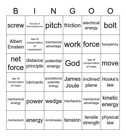 Machines and Motion Bingo Card