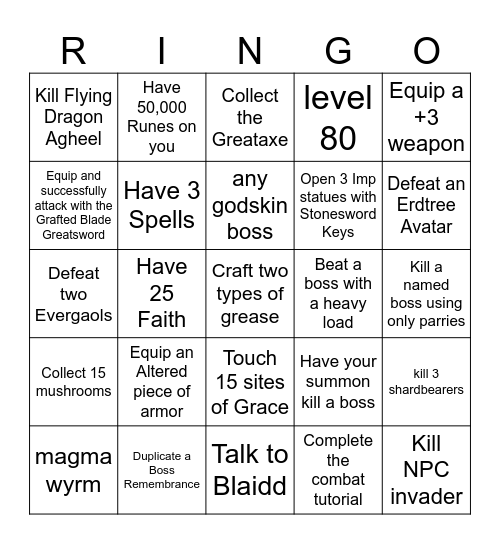 Elden Ring Bingo Card