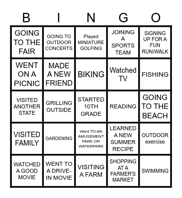 Summer Activities Bingo Card