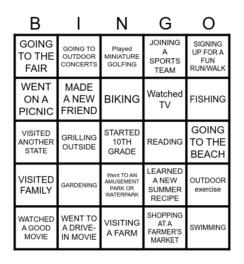 Summer Activities Bingo Card