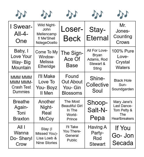 MUSIC BINGO - SONGS OF 1994 Bingo Card