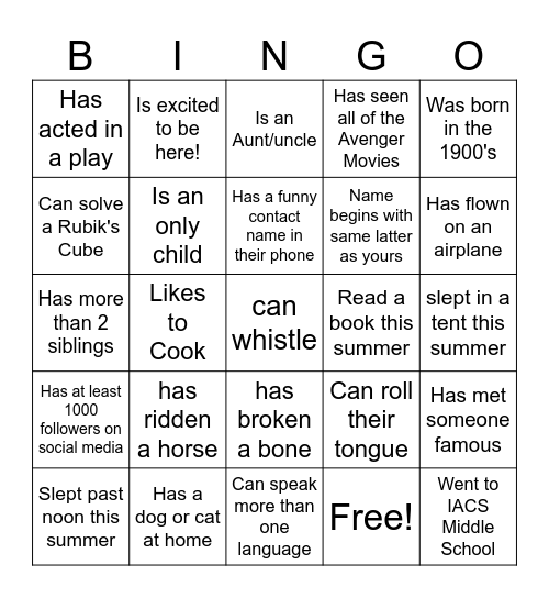 IACS Connections Bingo Card