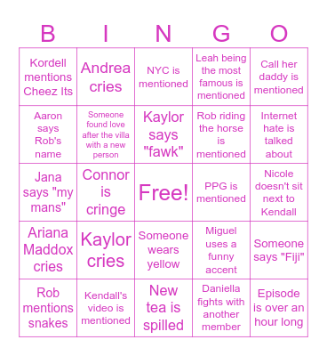 Love Island Reunion Bingo Card