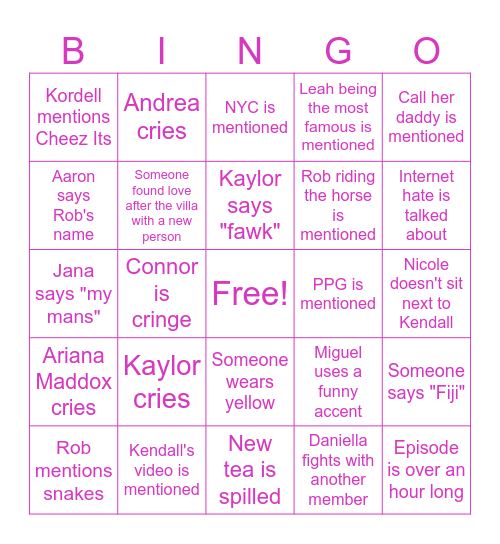 Love Island Reunion Bingo Card