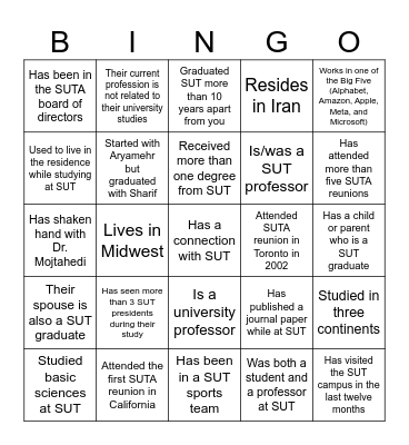 SUTA Reunion 2024, Niagara Falls Bingo Card