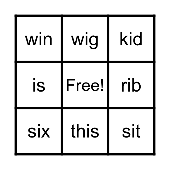 Short "i" Bingo Card