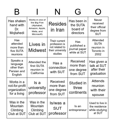 SUTA Reunion 2024, Niagara Falls Bingo Card